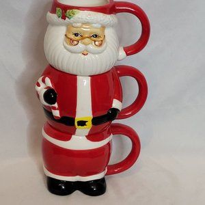 Mr Christmas Stacking Santa Coffee Mug Set of 3 Ceramic Handles Retro Look